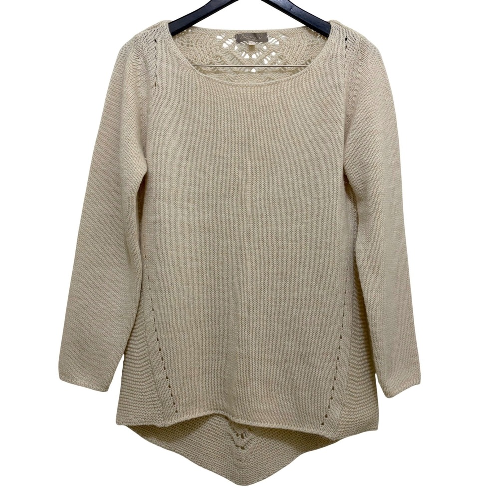 Bianca B Italian Wool Blend Open Knit Sweater Beige Size Large Crochet Lace Back